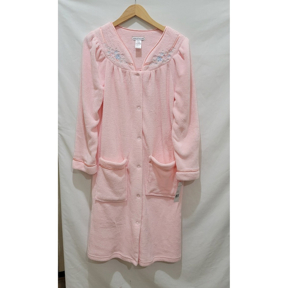 Rebecca Malone Pink Fleece Robe Floral Embroidery Button Front Housecoat 531001
